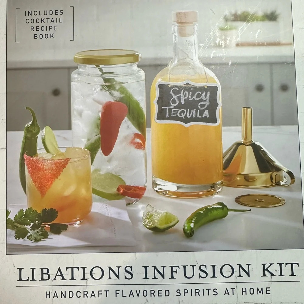 Libations Infusion Kit - glass jar w/ lid, glasss‎ bottle with cork, gold funnel